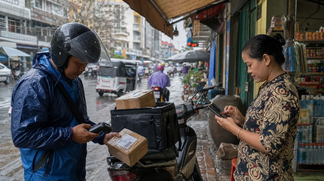 A courier and shop owner completing a delivery handover on a rainy Phnom Penh street
