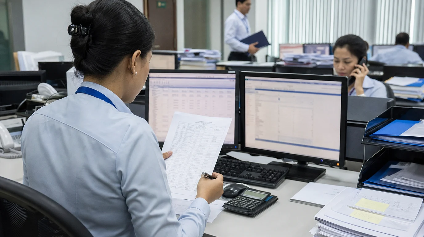 A financial operations analyst reconciling records at a secure workstation