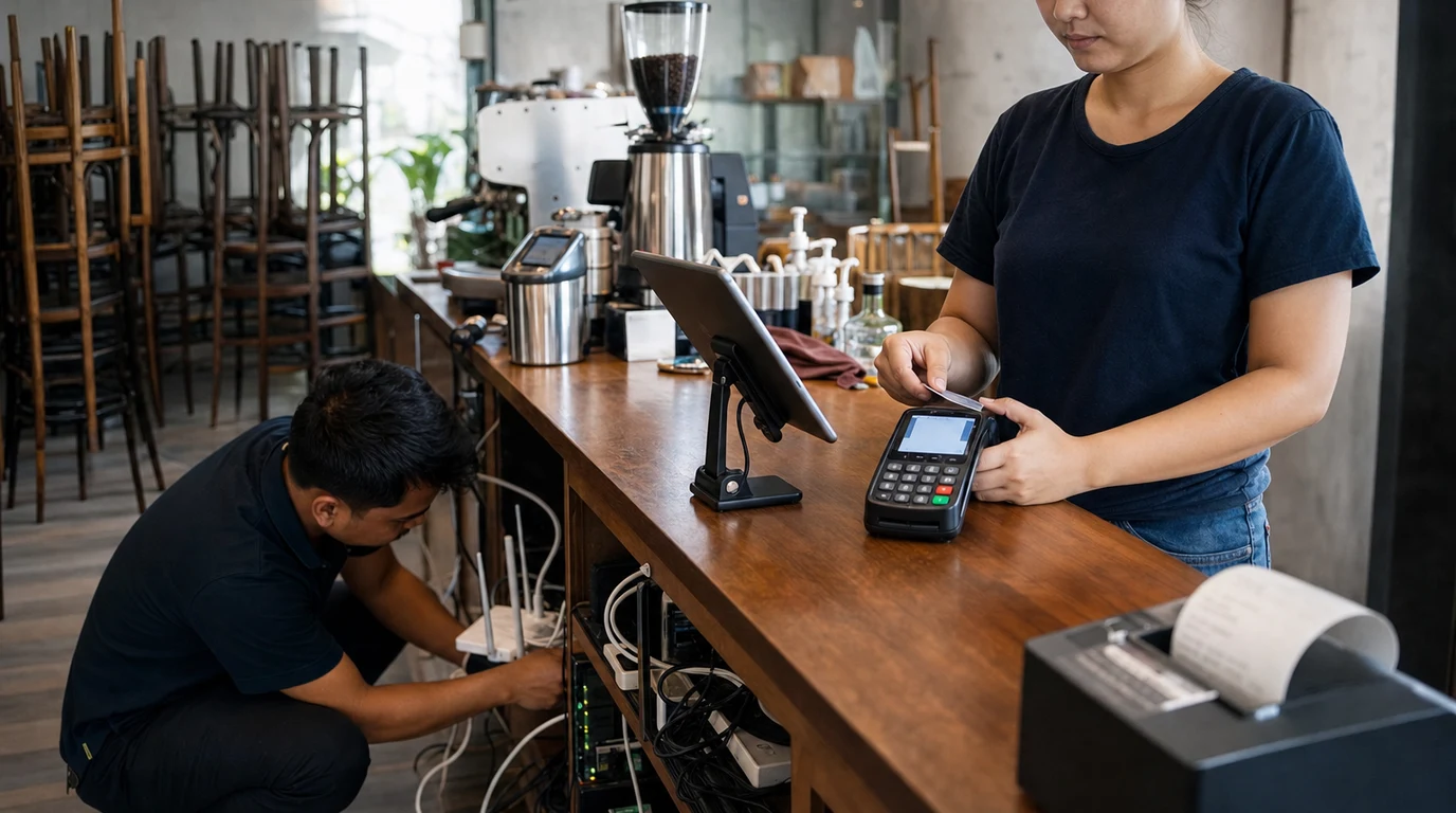A payment technician and cafe owner testing a point-of-sale integration before opening