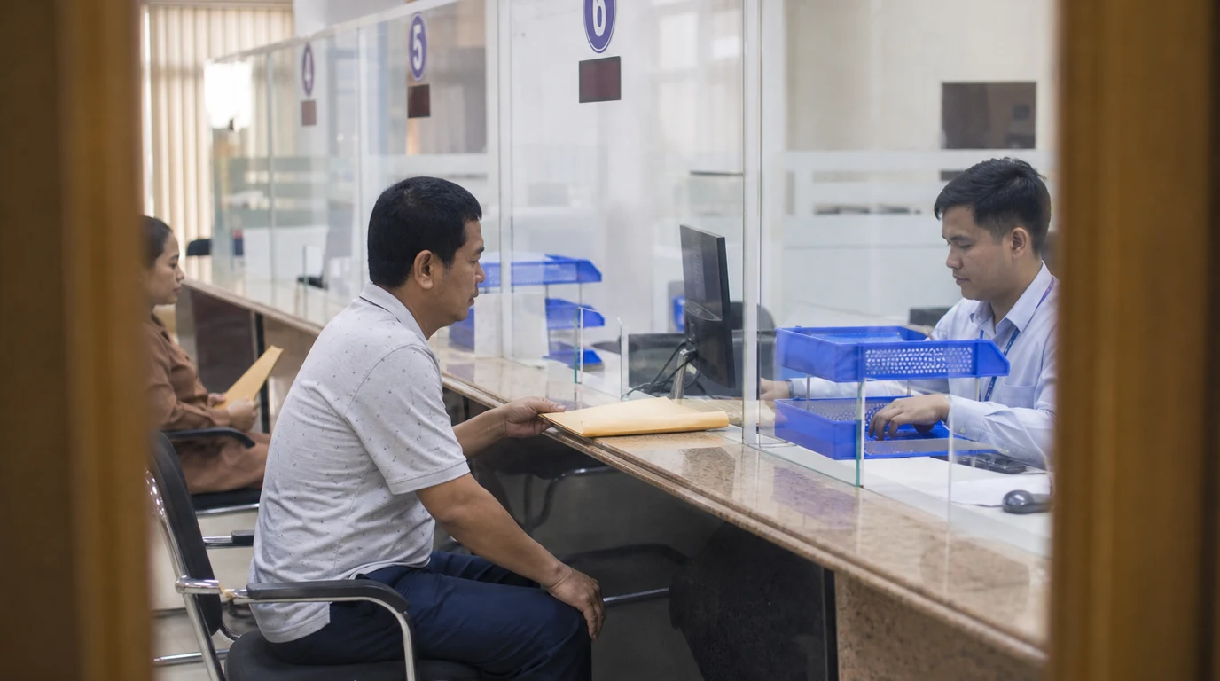 A small-business owner submitting tax documents at a public-service counter