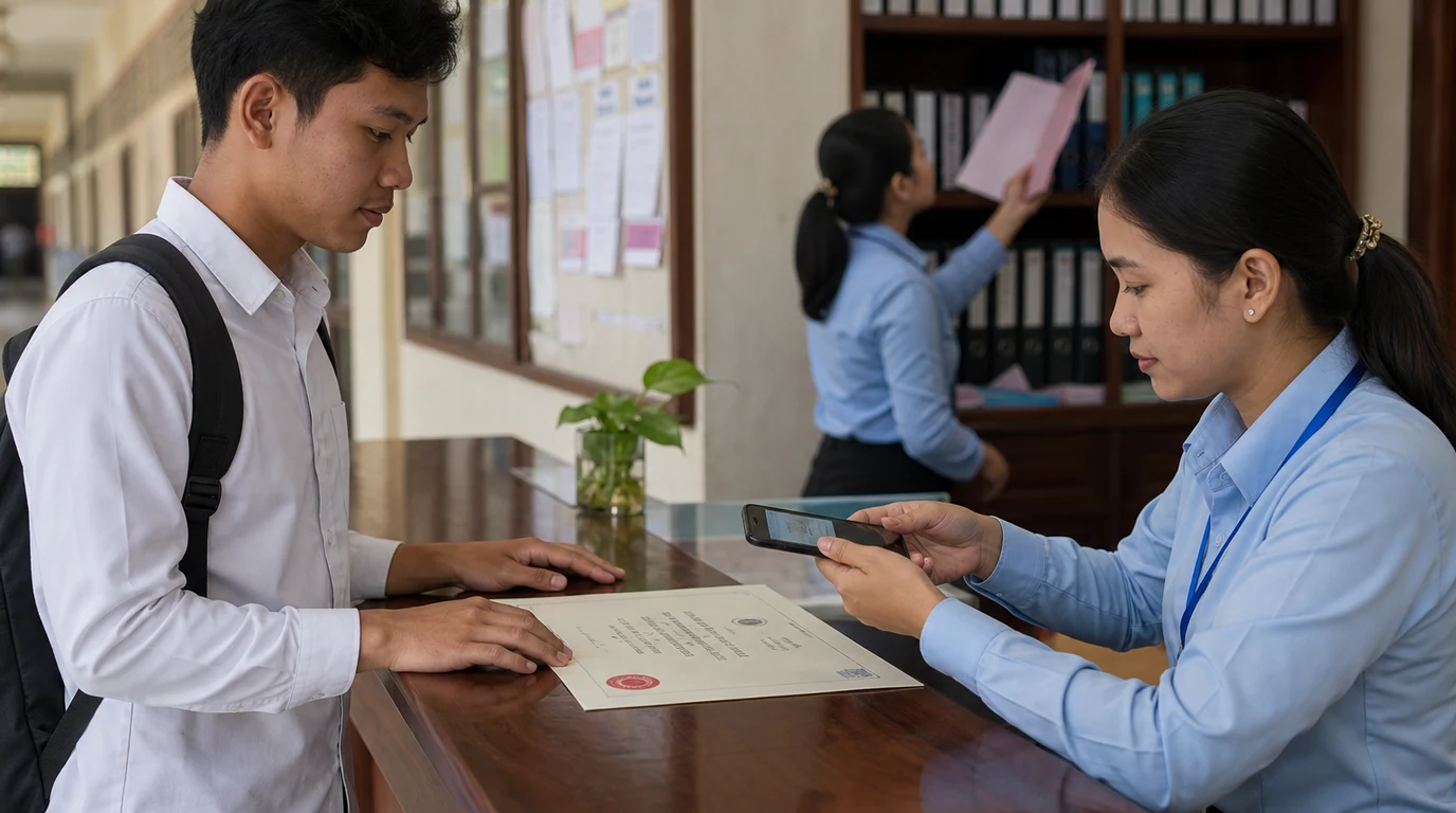 A university registrar verifying a graduate credential at a service counter