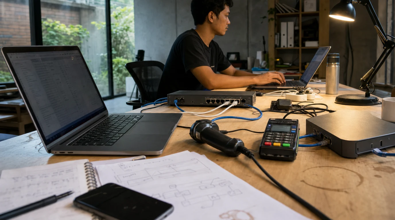 A software integration test bench with laptops, network equipment, and payment hardware